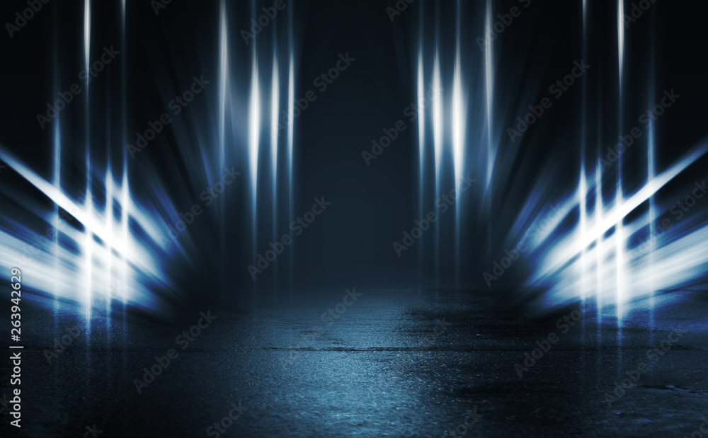 Fototapeta premium Empty background scene. Dark street reflection on the wet pavement. Rays of blue neon light in the dark, neon figures, smoke. Night view of the street, the city. Abstract dark background.