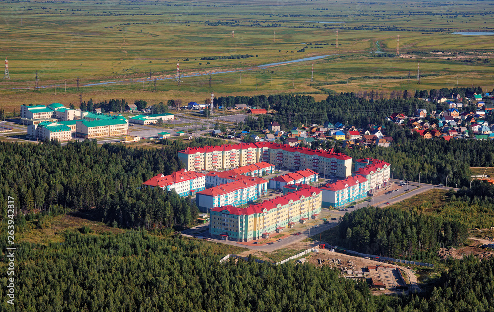 Modern area recently built on the outskirts of the Siberian city of Khanty-Mansiysk