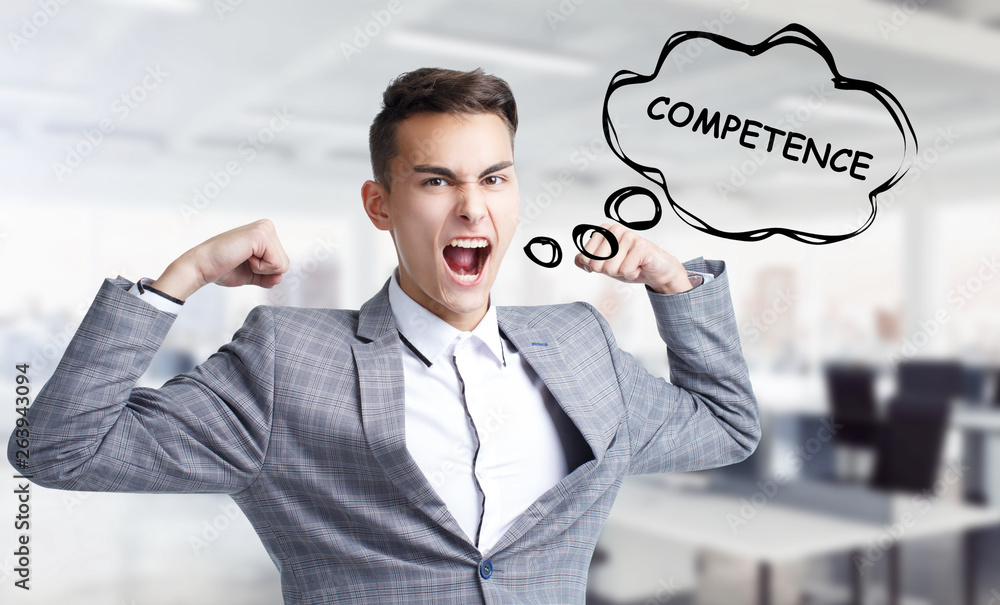 Business, technology, internet and networking concept. Young entrepreneur shouts out a keyword: Competence Business, technology, internet and networking concept. Young entrepreneur shouts out a keyword: Competence