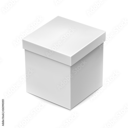 Blank packaging cardboard box mockup isolated on white background vector illustration. Realistic white box ready for product design and presentation. Template for create branding identity.