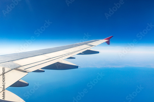 Wing of an airplane. Traveling concept. Aircraft wing on the clouds