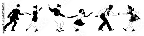 Three swing dance couples silhouettes black and white on white background