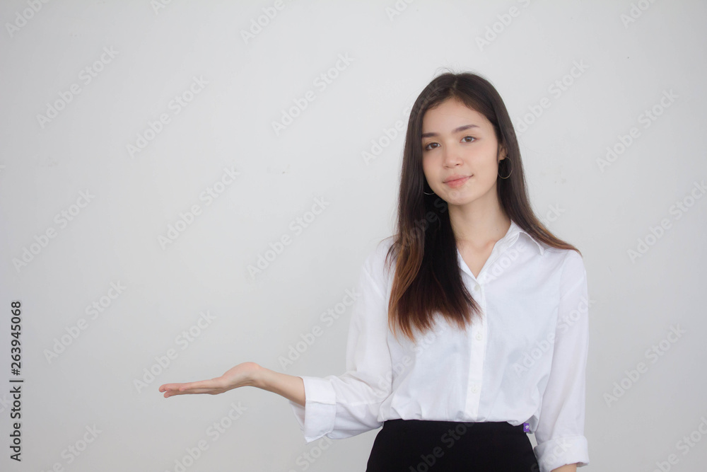 Portrait of thai adult working women white shirt show hand Portrait of thai adult working women white shirt show hand