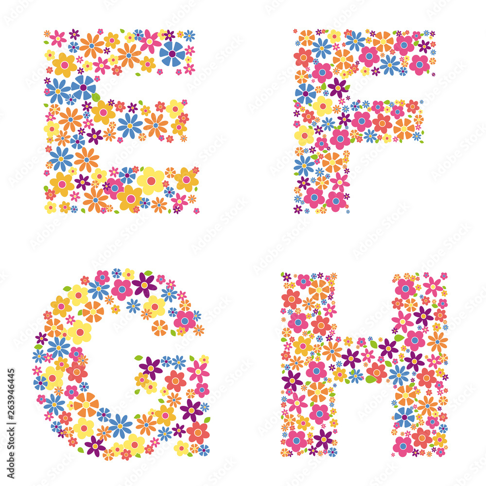 Alphabet part, letters E, F, G, H filled with a variety of colorful flowers isolated on white background vector illustration Alphabet part, letters E, F, G, H filled with a variety of colorful flowers isolated on white background vector illustration