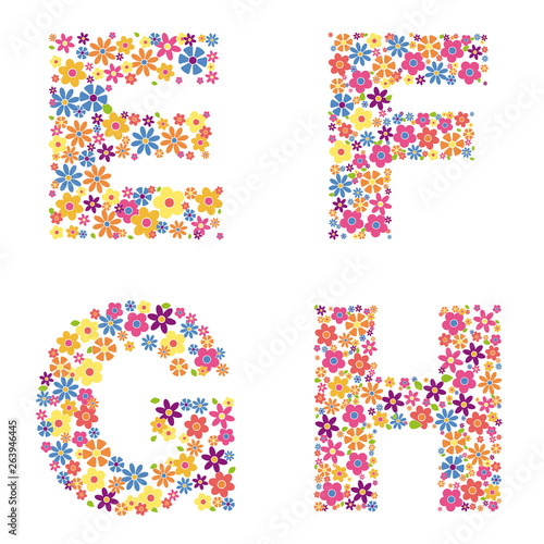 Alphabet part, letters E, F, G, H filled with a variety of colorful flowers isolated on white background vector illustration