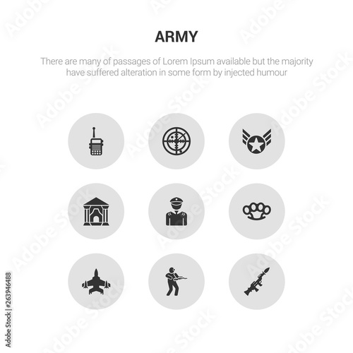 9 round vector icons such as grenade launcher, infantry, jet, knuckle, lieutenant contains militar antique building, militar in, militar radar, radio. grenade launcher, infantry, icon3_, gray army