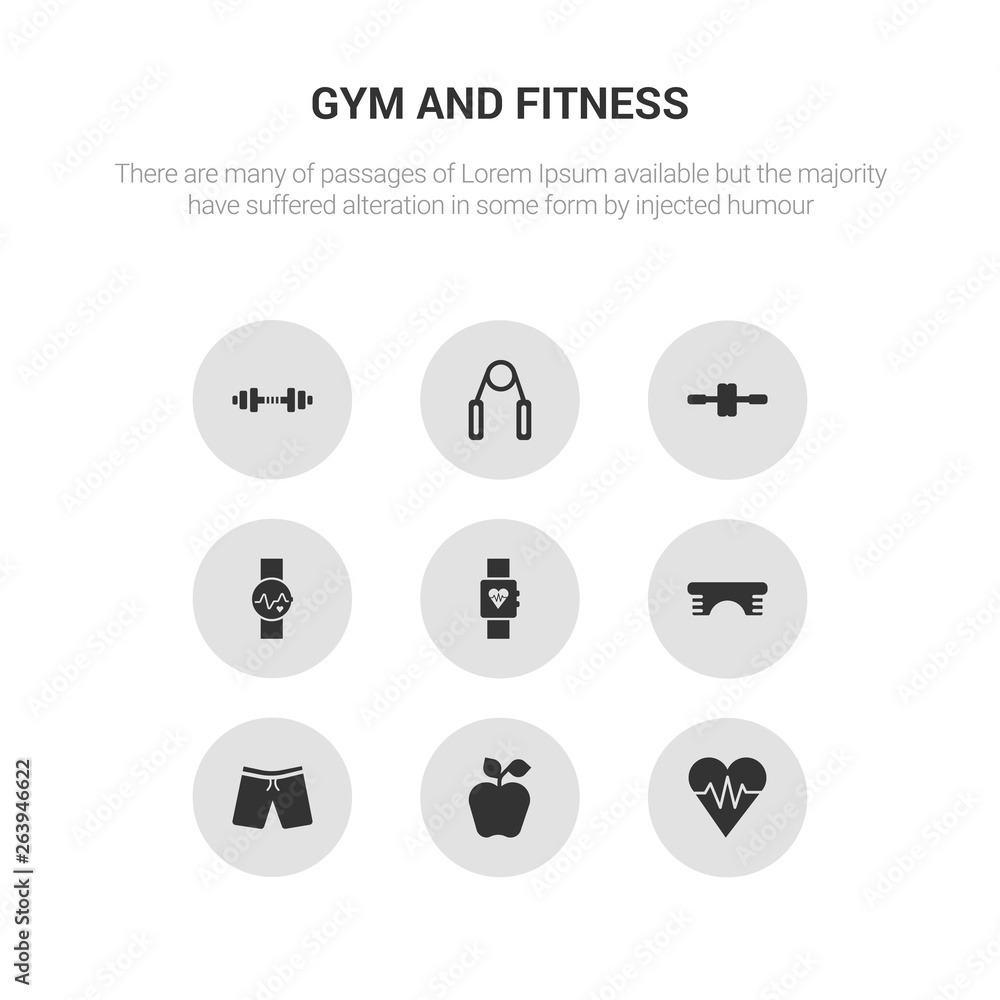 9 round vector icons such as fitness heart, fitness nutrition, fitness shorts, step, tracker contains watch, wheel, grip, gym. heart, nutrition, icon3_, gray gym and icons