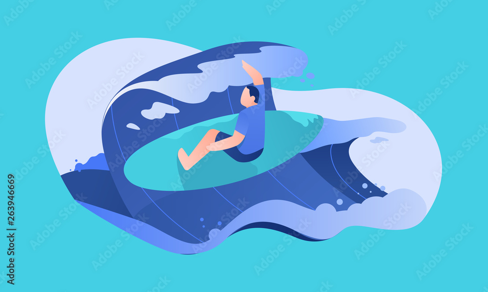 Fototapeta premium Surfer Riding On The Ocean Wave Flat Illustration