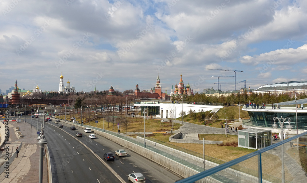 Panoramic view from the soaring bridge to the Chargier Park, Kremlin, embankment
