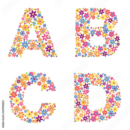 Alphabet part, letters A, B, C, D filled with a variety of colorful flowers isolated on white background vector illustration