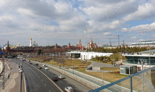 Panoramic view from the soaring bridge to the Chargier Park, Kremlin, embankment