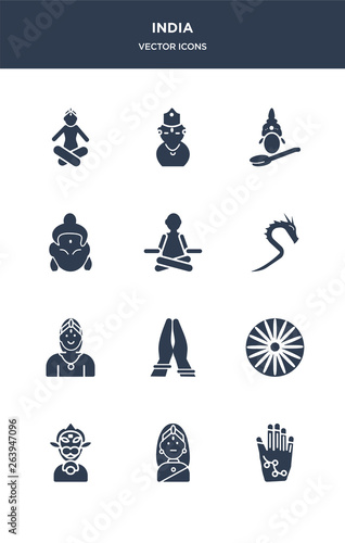 12 india vector icons such as henna painted hand, gnostic, hanuman, ashoka, india mother contains chandra, kali, guru, krishna, saraswati, kartikeya icons