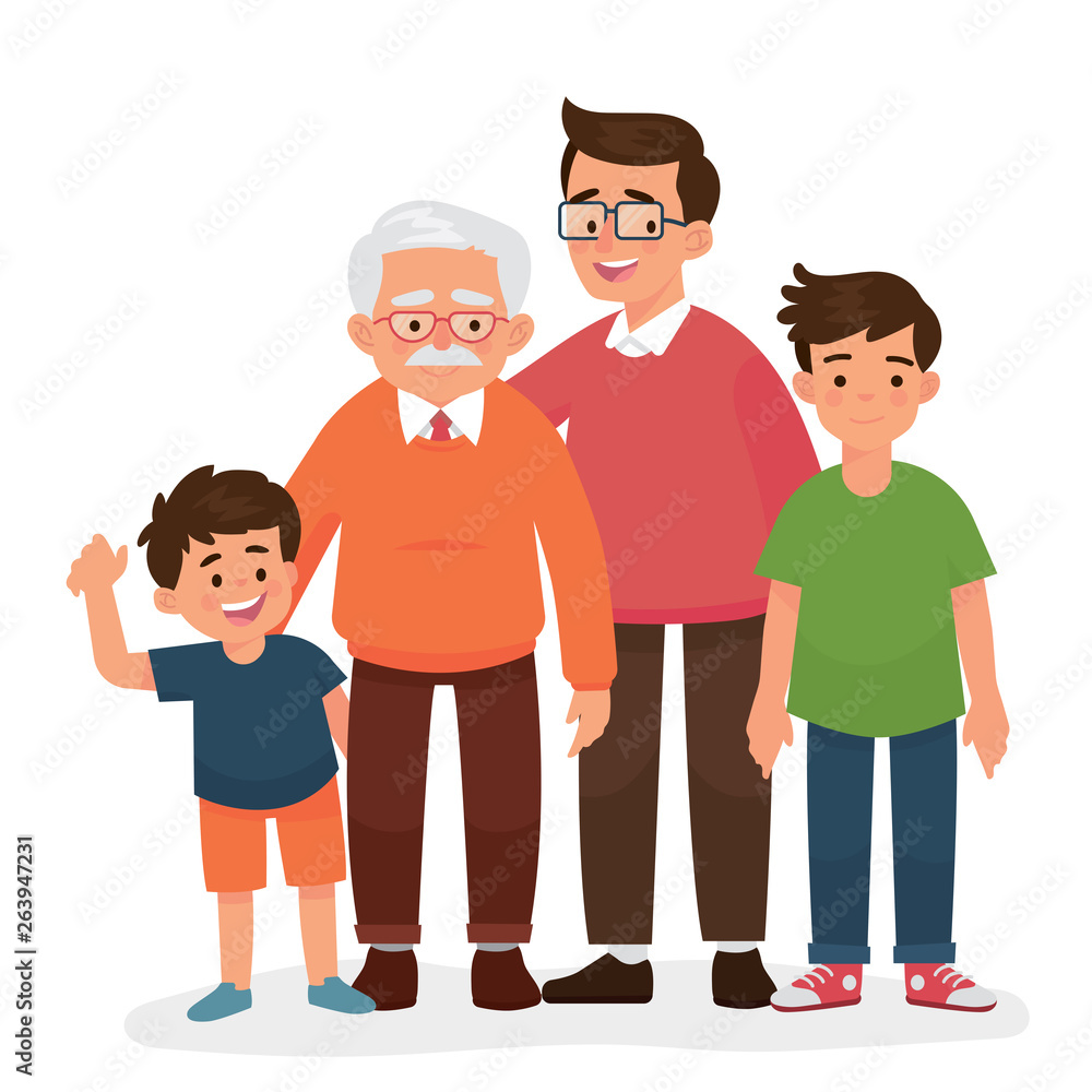 vector illustration of man four generation in a family, grandfather, father, teenager, kid vector illustration of man four generation in a family, grandfather, father, teenager, kid