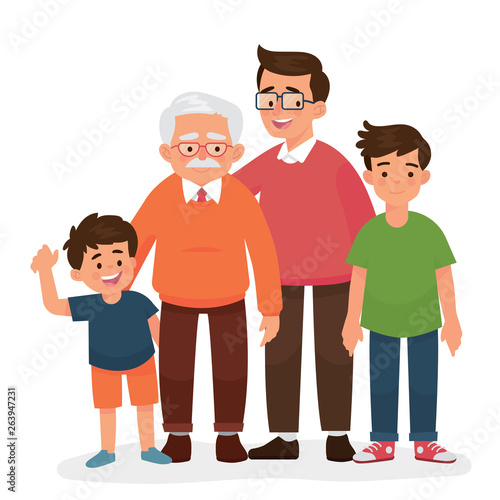 vector illustration of man four generation in a family, grandfather, father, teenager, kid