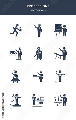 12 professions vector icons such as scientist, secretary, showman, singer, stewardess contains superhero, surgeon, swat, taxi driver, teacher, telemarketer icons