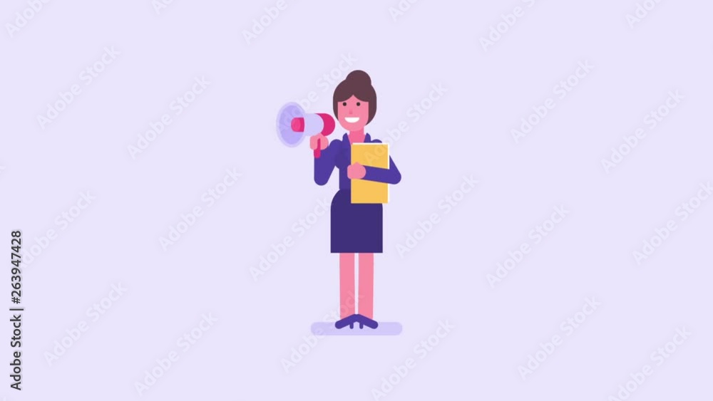 Hand draws. Business woman holds folder and speaks into megaphone. Video concept Hand draws. Business woman holds folder and speaks into megaphone. Video concept