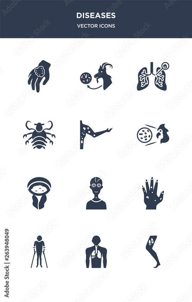 12 diseases vector icons such as overweight and obesity, palindromic rheumatism, parasites äóñ scabies, paratyphoid fever, parkinson's disease contains pelvic inflammatory disease, periodontal