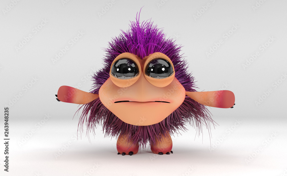 Sad Kawaii monster with purple hair and black eyes - 3D Render