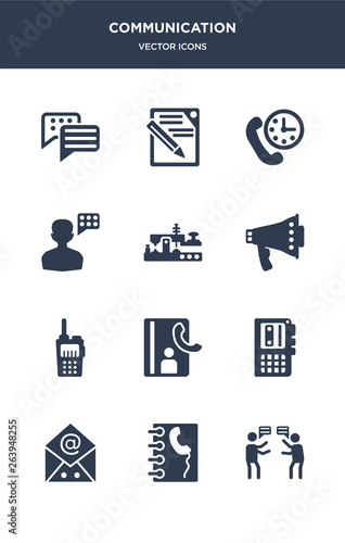 12 communication vector icons such as quarrel, contact, emails, voice recorder, contacts contains transmitter, bullhorn, morse code, speaking, time call, write icons