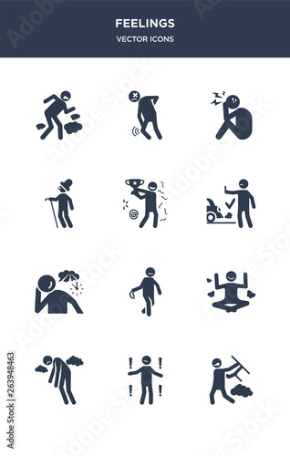 12 feelings vector icons such as mad human, meh human, miserable human, motivated nervous contains nostalgic ok old optimistic overwhelmed pained icons