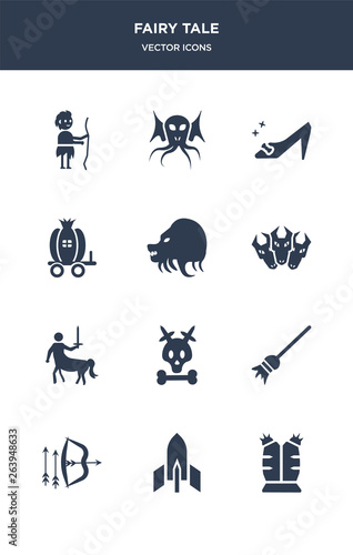 12 fairy tale vector icons such as armor, atomic bomb, bow and arrow, broomstick, caribbean contains centaur, cerberus, chimera, cinderella carriage, cinderella shoe, cthulhu icons