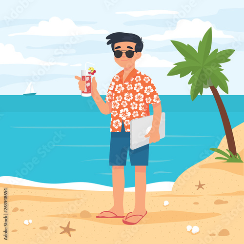vector illustration man working remotely in a beach. Digital nomad or freelancer working and holiday in a beach