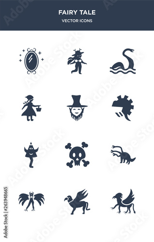 12 fairy tale vector icons such as griffin, gryphon, harpy, hydra, jolly roger contains karakasakozou, knight, leprechaun, little riding hood, loch ness monster, madre monte icons