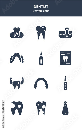 12 dentist vector icons such as apicoectomy, bicuspid, cavity, intraoral, lingual braces contains prophylaxis, radiograph, sealants, partial denture, overdenture, oral icons