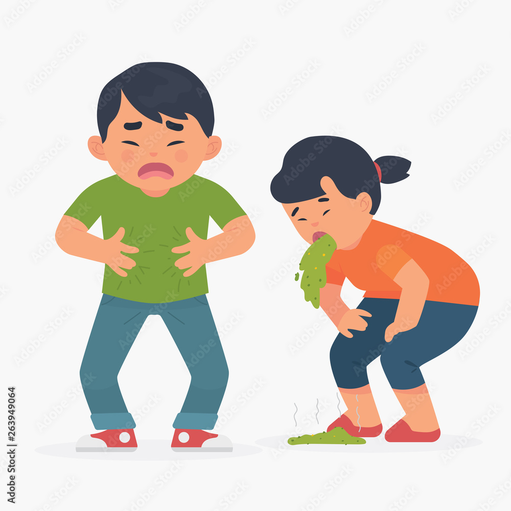 vector illustration boy and girl get food poisoning. boy grab his tummy ...