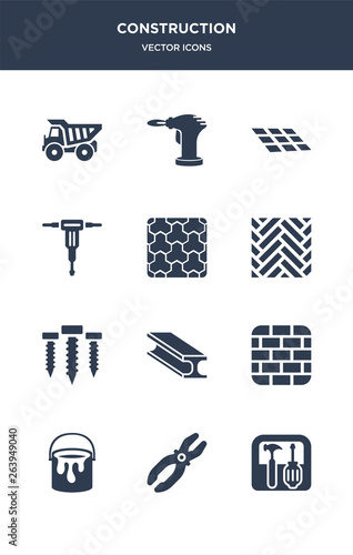 12 construction vector icons such as toolbox, plier, paint bucket, birck wall, beam contains screws, parquet, paving, hydraulic breaker, tiles, blowtorch icons