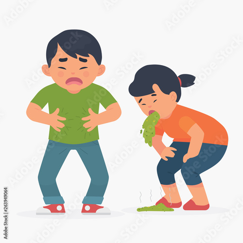 vector illustration boy and girl get food poisoning. boy grab his tummy, girl throw up / puke /vomiting
