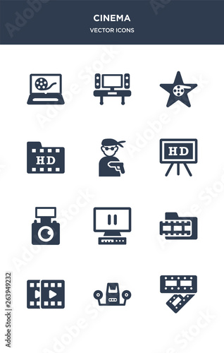 12 cinema vector icons such as film strip, film viewer, filmstrip, footage, freeze frame contains handicam, hd, hitman, hd movie, hollywood star, home cinema icons