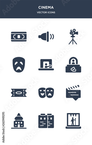 12 cinema vector icons such as stage, storyboard, studio, subtitle, theatre contains ticket, ticket office, ticket window, tragedy, tripod, ventriloquist icons