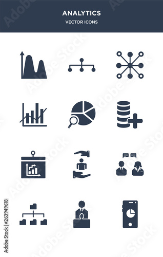 12 analytics vector icons such as circular graphic of mobile, conference, connected data, consulting, customer contains dashboard, data, data analysis pie chart, analytics, analytics circular, flow