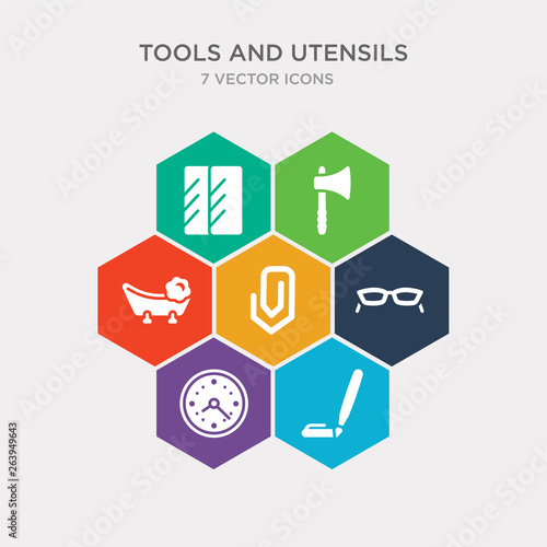simple set of ink pen, circular clock, reading glasses, attachments icons, contains such as icons bath tub, hand axe, metal and more. 64x64 pixel perfect. infographics vector