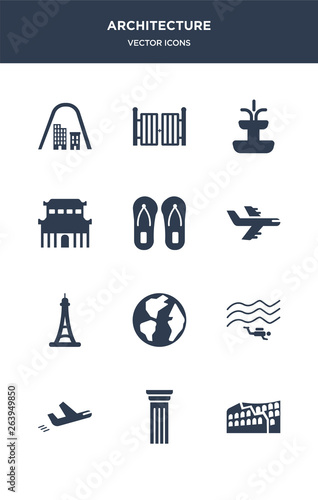 12 architecture vector icons such as colosseum  column  departures  diving  earth globe contains eiffel tower  flight  flip flops  forbidden city  fountain  gate icons