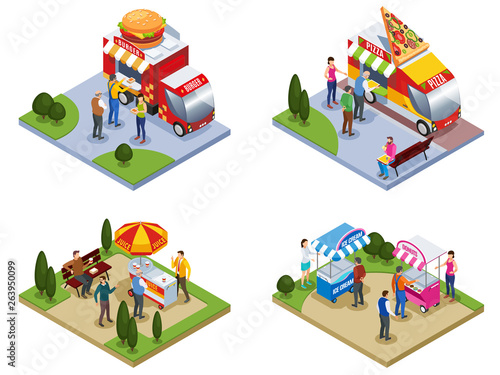 Four Isometric Street Fast food Compositions