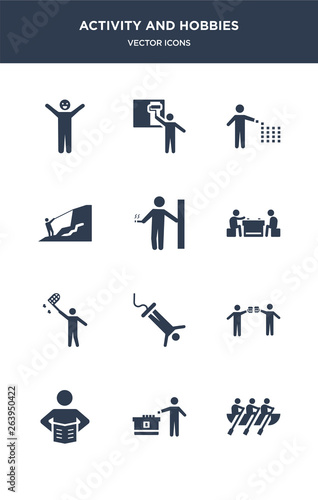 12 activity and hobbies vector icons such as boat race, boggle, boy reading, brewing, bungee jumping contains butterfly catcher, checkers, cigarette, climbing, collecting, coloring icons