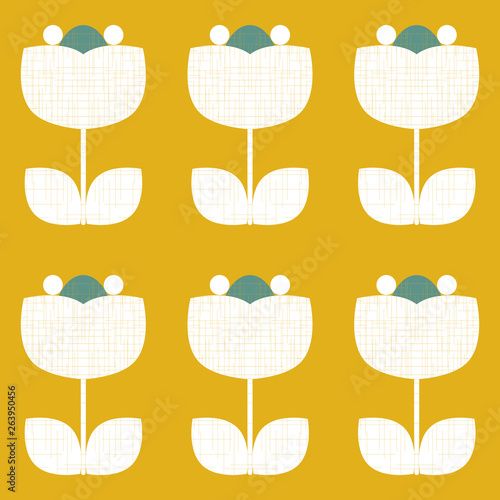 Modern vector abstract seamless geometric pattern with stylized flowers and leaves in retro scandinavian style.