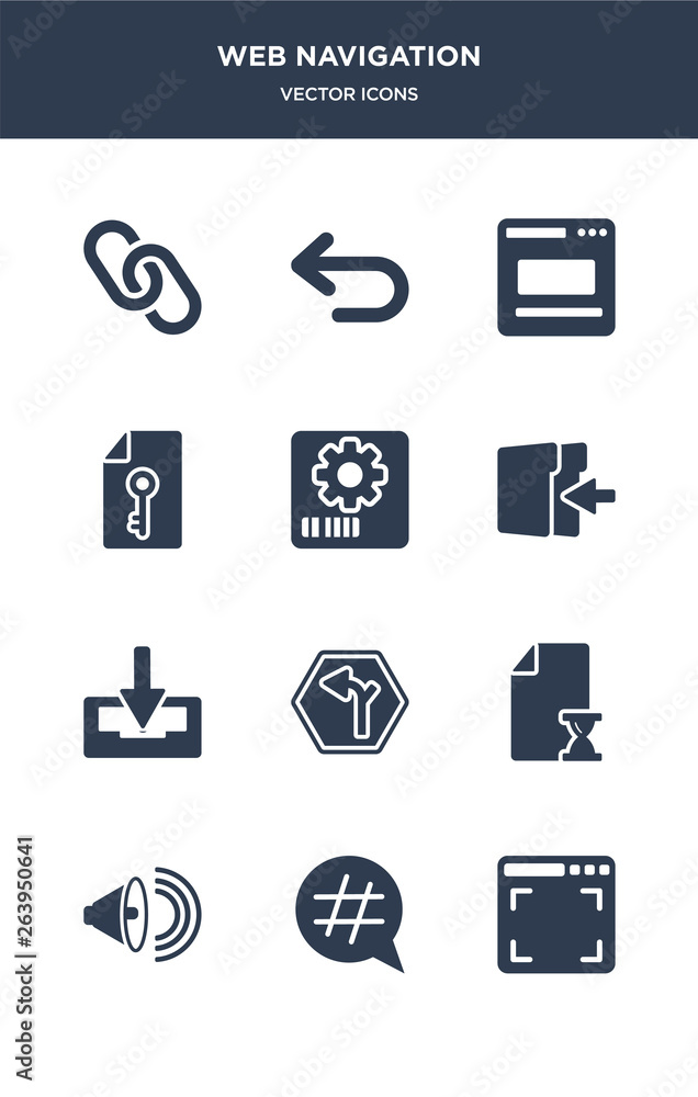 12 web navigation vector icons such as full screen, hashtag, high volume, history, horizontal alignment contains inbox, insert, items, key, layout, left arrow icons