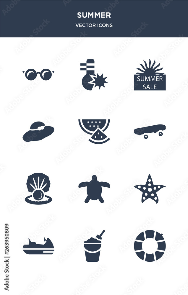 12 summer vector icons such as rubber ring, sand bucket and shovel, sea scooter, sea star, sea turtle contains shell, skate, slice of melon, summer hat, summer sale, temperature icons 12 summer vector icons such as rubber ring, sand bucket and shovel, sea scooter, sea star, sea turtle contains shell, skate, slice of melon, summer hat, summer sale, temperature icons
