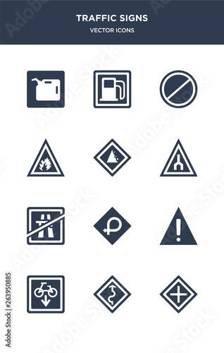 12 traffic signs vector icons such as crossroad, curves, cycle lane, danger, degree curve road contains end motorway, end of way, falling rocks, fire, forbidden, gas station icons