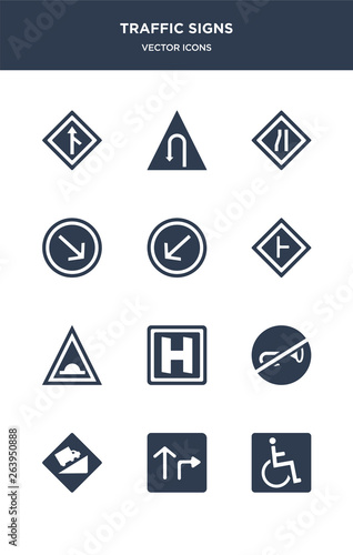 12 traffic signs vector icons such as handicap, highway, hill, horn, hospital contains humps, intersection, keep left, keep right, lane, left hair pin icons