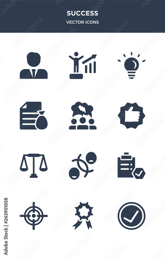 Obraz premium 12 success vector icons such as accept, achievement, aim, approval, attitude contains balance, best, brainstorm, budget, bulb, businessman and strategy icons