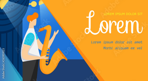 Man Saxophonist Standing on Stage with Spotlights.