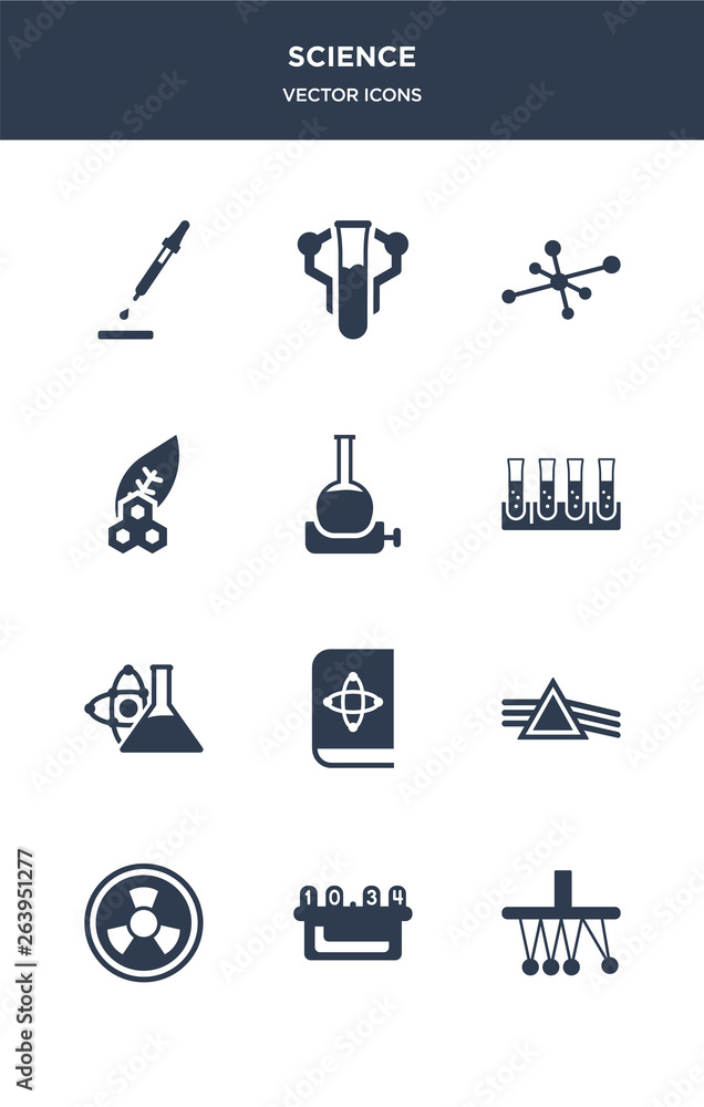 Fototapeta premium 12 science vector icons such as newton, nixie, radioactivity, refraction, science book contains scientific, tubes, volumetric flask, biology, cells, chemistry icons