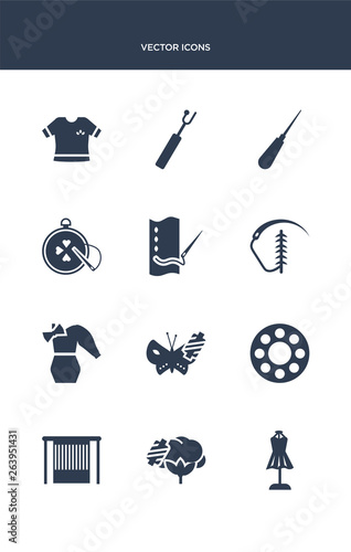 12 sew vector icons such as hand craft, cotton reel, handloom, bobbin, silk contains styling, suture, running stitch, needlepoint, awl, buttonhole icons