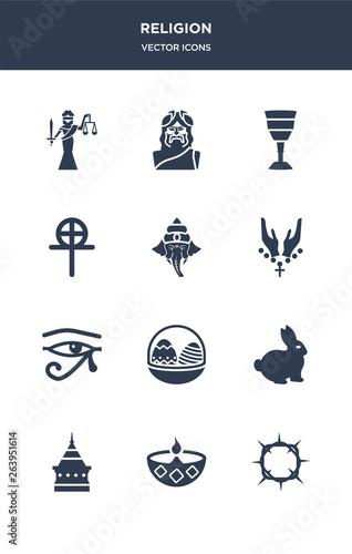 12 religion vector icons such as crown of thorns, diwali, doi suthep, easter bunny, easter eggs contains eye of ra, faith, ganesha, gnosticism, goblet, god icons