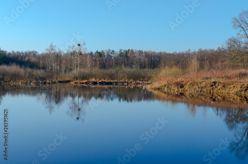 Blue smooth surface of a small forest lake in early spring.