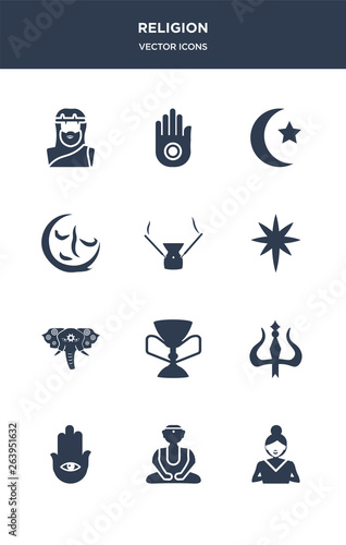 12 religion vector icons such as gospel, great buddha, hamsa, hinduism, holy chalice contains holy elephant, holy star, incense, indulgence, islam, jainism icons